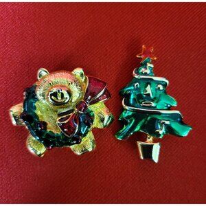 Christmas Pins Brooches Christmas Tree and Christmas Teddy Bear
